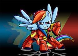 Size: 1000x717 | Tagged: safe, artist:alienfirst, rainbow dash, pegasus, pony, g4, abstract background, action pose, cosplay, crossover, female, iron man, mare, solo