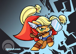 Size: 1000x717 | Tagged: safe, artist:alienfirst, applejack, earth pony, pony, g4, clothes, cosplay, costume, crossover, female, gradient background, hammer, mare, marvel, mouth hold, solo, thor, weapon