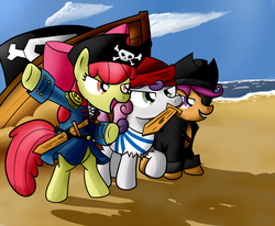 Size: 1000x823 | Tagged: safe, artist:miketheuser, apple bloom, scootaloo, sweetie belle, earth pony, pegasus, pony, unicorn, g4, clothes, costume, cutie mark crusaders, female, filly, mouth hold, pirate, wooden sword