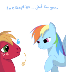 Size: 1324x1445 | Tagged: dead source, safe, artist:miketheuser, big macintosh, rainbow dash, earth pony, pegasus, pony, g4, blushing, dialogue, female, implied shipping, male, mare, photoshop, ship:rainbowmac, shipping, simple background, stallion, straight, straw in mouth, sweatdrop, transparent background