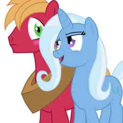 Size: 2000x2000 | Tagged: dead source, safe, artist:miketheuser, big macintosh, trixie, earth pony, pony, unicorn, g4, blushing, eyebrows, female, high res, horse collar, male, mare, missing freckles, open mouth, photoshop, shipping, simple background, stallion, straight, transparent background, trixmac