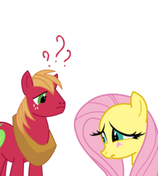 Size: 1300x1445 | Tagged: dead source, safe, artist:miketheuser, big macintosh, fluttershy, earth pony, pegasus, pony, g4, blushing, female, freckles, horse collar, male, mare, photoshop, question mark, ship:fluttermac, shipping, simple background, stallion, straight, transparent background