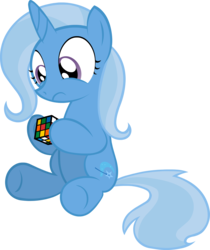 Size: 2000x2377 | Tagged: safe, artist:miketheuser, trixie, pony, unicorn, g4, confused, cube, cute, diatrixes, featured image, female, filly, filly trixie, frown, high res, hoof hold, horn, rubik's cube, simple background, sitting, solo, the gweatest and pwowafulest twixie, toy, transparent background, underhoof, younger