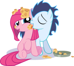 Size: 2000x1786 | Tagged: safe, artist:miketheuser, pinkie pie, soarin', earth pony, pegasus, pony, g4, colt, female, filly, foal, licking, male, pie, pinkamena diane pie, shipping, simple background, soarinpie, straight, that pony sure does love pies, transparent background, underhoof