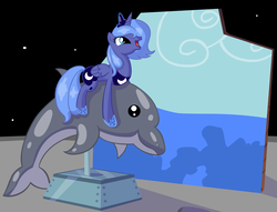 Size: 2996x2292 | Tagged: safe, artist:miketheuser, princess luna, alicorn, dolphin, pony, g4, adorable face, crown, cute, display, female, happy, high res, hoof shoes, jewelry, kiddie ride, lunabetes, mare, moon, ocean, open mouth, peytral, photoshop, regalia, riding, s1 luna, smiling, solo, water, youtube link in the description
