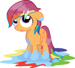 Size: 2000x1808 | Tagged: safe, artist:miketheuser, scootaloo, pegasus, pony, g4, blank flank, blue paint, colors, cute, cutealoo, female, filly, floppy ears, foal, frown, implied rainbow dash, paint, paint on fur, rainbow paint, simple background, solo, transparent background, wet, wet mane, wet mane scootaloo