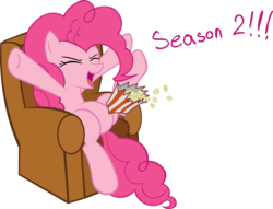 Size: 3229x2471 | Tagged: safe, artist:miketheuser, pinkie pie, earth pony, pony, g4, chair, eyes closed, female, high res, mare, popcorn, simple background, solo, transparent background