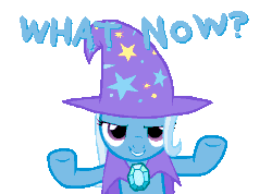 Size: 757x603 | Tagged: safe, artist:workingorder, trixie, pony, unicorn, g4, animated, artifact, brooch, cape, clothes, female, gif, hat, history, homestuck, hooves up, horn, jewelry, looking at you, mare, simple background, smiling, smug smile, solo, stars, text, transparent background, trixie's brooch, trixie's cape, trixie's hat, trolling, what now