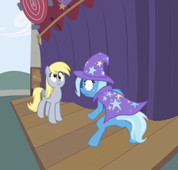 Size: 932x891 | Tagged: safe, artist:furseiseki, derpy hooves, trixie, pegasus, pony, unicorn, g4, bipedal, butt, derp, duo, duo female, female, mare, plot, stage, sweat, the great and powerful ass