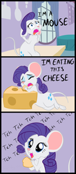Size: 562x1280 | Tagged: safe, artist:furseiseki, rarity, mouse, rodent, g4, adorawat, cheese, comic, cute, dialogue, eating, female, food, hnnng, marshmelodrama, mousified, post-transformation, raribetes, rarimouse, species swap, tch, the worst possible thing, transformation