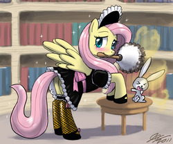 Size: 1200x1000 | Tagged: safe, artist:johnjoseco, angel bunny, fluttershy, pegasus, pony, g4, blushing, butt, clothes, dust, duster, female, fishnet stockings, fluttermaid, maid, mare, mouth hold, photoshop, plot, stupid sexy fluttershy