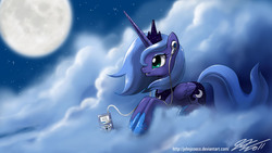 Size: 2400x1350 | Tagged: safe, artist:johnjoseco, princess luna, alicorn, pony, g4, artifact, cloud, cloudy, earbuds, female, full moon, grin, hooves, horn, ipod, jewelry, lying on a cloud, mare, moon, mp3 player, night, night sky, on a cloud, photoshop, prone, regalia, s1 luna, sky, smiling, solo, stars, tiara, wallpaper, wings