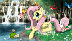 Size: 2400x1350 | Tagged: safe, artist:johnjoseco, angel bunny, derpy hooves, dinky hooves, fluttershy, bird, butterfly, pegasus, pony, turtle, g4, carrot, female, flower, flower in hair, flower patch, mare, photoshop, prone, scenery, solo focus, tail pillow, wallpaper, water, waterfall