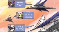 Size: 1200x655 | Tagged: safe, artist:johnjoseco, fluttershy, gilda, griffon, pegasus, pony, g4, 3:, angry, arwing, crossover, dweeb, falco lombardi, female, floppy ears, frown, mare, nervous, nintendo, open mouth, photoshop, star fox, sweatdrop, yelling