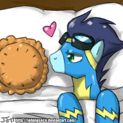 Size: 900x900 | Tagged: safe, artist:johnjoseco, soarin', pegasus, pony, g4, bed, cargo ship, crack shipping, goggles, heart, kissing, male, morning ponies, on back, photoshop, pie, shipping, stallion, that pony sure does love pies, wonderbolts uniform