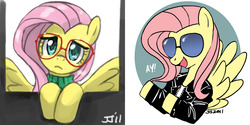 Size: 1200x600 | Tagged: safe, artist:johnjoseco, fluttershy, pegasus, pony, g4, clothes, crossover, female, glasses, happy days, leather jacket, mare, meganekko, photoshop, sweater, sweatershy, the fonz