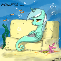 Size: 600x600 | Tagged: safe, artist:johnjoseco, lyra heartstrings, fish, sea pony, seahorse, g4, 2011, artifact, background pony, female, meanwhile, photoshop, seapony lyra, sitting, solo, underwater