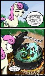 Size: 600x1012 | Tagged: safe, artist:johnjoseco, bon bon, lyra heartstrings, sweetie drops, earth pony, pony, sea pony, unicorn, g4, comic, cooked alive, cooking, cooking vore, dialogue, eyes closed, female, grin, i didn't put those in my bag, implied cannibalism, implied vore, junji ito, mare, open mouth, person as food, photoshop, ponies in food, rubber duck, seapony lyra, silly, silly pony, smiling, speech bubble, squee, stew, sweat, sweatdrop, theme song, uzumaki, wat, wide eyes