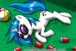 Size: 1260x840 | Tagged: safe, artist:johnjoseco, dj pon-3, vinyl scratch, pony, unicorn, ball, beach ball, cup, drunk, female, katy perry, last friday night (t.g.i.f.), lying down, mare, on side, passed out, photoshop, red solo cup, sleeping, solo, song reference