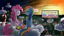 Size: 1920x1080 | Tagged: safe, artist:johnjoseco, pinkie pie, rainbow dash, earth pony, pegasus, pony, g4, cinema, cloud, crowd, eyes closed, female, food, grin, happy, hooves, lesbian, mare, on a cloud, popcorn, ship:pinkiedash, shipping, sitting, sitting on a cloud, smiling, text, wallpaper, wings
