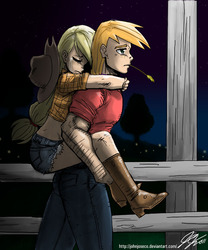 Size: 900x1084 | Tagged: safe, artist:johnjoseco, applejack, big macintosh, human, g4, applejack's hat, boots, brother and sister, cowboy boots, cowboy hat, crying, duo, female, fence, hat, humanized, male, night, photoshop, piggyback ride, sad, straw in mouth