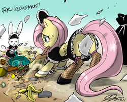 Size: 1020x816 | Tagged: safe, artist:johnjoseco, angel bunny, fluttershy, pegasus, pony, rabbit, g4, animal, butt, censored, censored butt, cleaning, clothes, costume, female, fishnet stockings, fluttermaid, maid, mare, messy, mouth hold, palindrome get, paper, photoshop, plot, strategically covered