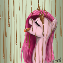 Size: 900x900 | Tagged: safe, artist:johnjoseco, pinkie pie, earth pony, pony, g4, the return of harmony, adobe imageready, chocolate, chocolate rain, drinking, dripping, eyes closed, female, food, mare, open mouth, pinkamena diane pie, profile, rain, smiling, solo, tongue out
