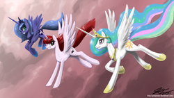 Size: 4200x2363 | Tagged: safe, artist:johnjoseco, princess celestia, princess luna, oc, oc:fausticorn, alicorn, pony, g4, alicorn oc, concave belly, female, flying, height difference, lauren faust, mare, ponified, royal sisters, s1 luna, siblings, sisters, slender, sternocleidomastoid, tall, thin, trio, trio female