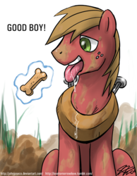 Size: 800x1029 | Tagged: safe, artist:johnjoseco, big macintosh, earth pony, pony, g4, behaving like a dog, big macindog, dirt, dirty, discorded, dog treat, drool, freckles, grass, green eyes, horse collar, male, sitting, solo, stallion, tongue out