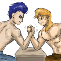 Size: 900x900 | Tagged: safe, artist:johnjoseco, braeburn, soarin', human, g4, adobe imageready, arm wrestling, clothes, handsome, humanized, male, simple background, something for the ladies, stupid sexy braeburn, topless, white background