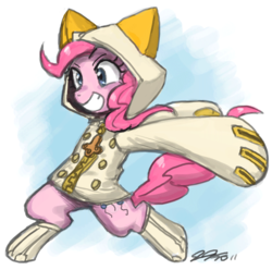 Size: 700x693 | Tagged: safe, artist:johnjoseco, pinkie pie, earth pony, pony, g4, adobe imageready, bipedal, blazblue, clothes, cosplay, costume, crossover, cute, diapinkes, female, mare, smiling, solo, taokaka
