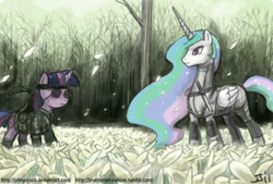 Size: 1000x675 | Tagged: safe, artist:johnjoseco, princess celestia, twilight sparkle, alicorn, pony, unicorn, g4, adobe imageready, crossover, female, hilarious in hindsight, konami, mare, metal gear, metal gear solid 3, naked snake, the boss