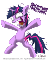 Size: 900x1099 | Tagged: safe, artist:johnjoseco, twilight sparkle, pony, unicorn, g4, adobe imageready, bipedal, female, friendship, insanity, mare, messy mane, one word, purple text, signature, simple background, smiling, solo, spread hooves, that pony sure does love friendship, twilight snapple, unicorn twilight, white background, yelling