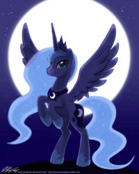 Size: 900x1124 | Tagged: safe, artist:johnjoseco, princess luna, alicorn, pony, g4, adobe imageready, backlighting, female, mare, moon, rearing, solo, spread wings