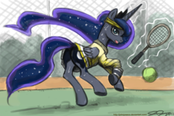Size: 1000x667 | Tagged: safe, artist:johnjoseco, princess luna, alicorn, pony, g4, adobe imageready, butt, clothes, featureless crotch, female, headband, looking at you, magic, mare, open mouth, plot, running, skirt, solo, sweat, sweater, telekinesis, tennis, underhoof