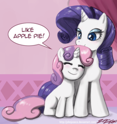 Size: 800x846 | Tagged: safe, artist:johnjoseco, rarity, sweetie belle, pony, unicorn, sisterhooves social, adobe imageready, apple pie, belle sisters, duo, duo female, female, filly, mare, sitting, snuggling