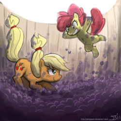 Size: 800x800 | Tagged: safe, artist:johnjoseco, apple bloom, applejack, earth pony, pony, g4, adobe imageready, apple sisters, duo, duo female, female, filly, foal, grape stomping, grapes, hatless, jumping, mare, messy, missing accessory, siblings, sisters