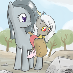 Size: 900x900 | Tagged: dead source, safe, artist:speccysy, discord, marble pie, earth pony, pony, g4, adoreris, cute, duo, duo female, eris, female, marblebetes, mare, rock, rock farm, rule 63, rule63betes, saddle bag, tree
