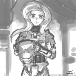 Size: 1000x1000 | Tagged: safe, artist:johnjoseco, fluttershy, human, g4, adobe imageready, armor, beautiful, crossover, female, flutterbadass, grayscale, halo (series), humanized, monochrome, power armor, science fiction, solo, spartan, the stare