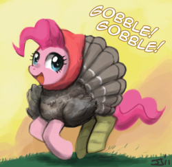Size: 700x679 | Tagged: safe, artist:johnjoseco, pinkie pie, earth pony, pony, turkey, g4, adobe imageready, clothes, costume, female, happy, mare, open mouth, open smile, smiling, solo, turkey costume