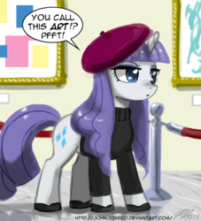Size: 900x990 | Tagged: safe, artist:johnjoseco, rarity, pony, unicorn, g4, adobe imageready, alternate hairstyle, art, art gallery, beatnik rarity, beret, clothes, female, gallery, hat, mare, modern art, raspberry noise, solo, sweater