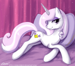 Size: 1000x885 | Tagged: safe, artist:johnjoseco, fleur-de-lis, pony, unicorn, g4, adobe imageready, bed, concave belly, female, looking at you, mare, on side, pillow, skunk stripe, slender, solo, thin