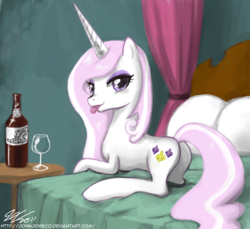 Size: 900x825 | Tagged: safe, artist:johnjoseco, fleur-de-lis, pony, unicorn, g4, adobe imageready, anatomically incorrect, bed, female, incorrect leg anatomy, looking at you, looking back, mare, skunk stripe, slender, solo, thin, tongue out, wine