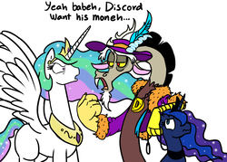 Size: 1000x714 | Tagged: safe, artist:mickeymonster, discord, princess celestia, princess luna, alicorn, draconequus, pony, g4, bling, female, hat, leash, male, mare, pimp, pimp hat, royal sisters, siblings, simple background, sisters, white background