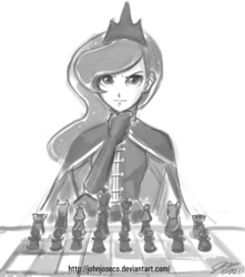 Size: 900x1020 | Tagged: safe, artist:johnjoseco, princess luna, human, cape, chess, clothes, female, grayscale, humanized, looking at you, military uniform, monochrome, photoshop, solo, thinking, uniform, warrior luna