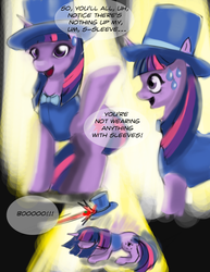 Size: 900x1165 | Tagged: safe, artist:gunslingerpen, twilight sparkle, pony, unicorn, comic:showmareship, g4, comic, female, hat, mare, photoshop, solo, stage, top hat, unicorn twilight