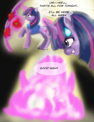 Size: 900x1165 | Tagged: safe, artist:gunslingerpen, twilight sparkle, pony, unicorn, comic:showmareship, g4, comic, female, food, force field, magic, mare, photoshop, solo, teleportation, tomato, unicorn twilight