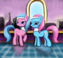 Size: 1788x1640 | Tagged: safe, artist:gunslingerpen, aloe, lotus blossom, earth pony, pony, g4, bedroom eyes, duo, duo female, female, grin, looking at you, mare, mirror, raised hoof, siblings, sisters, smiling, spa, spa twins, twins