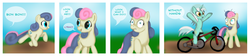 Size: 4418x990 | Tagged: safe, artist:gunslingerpen, bon bon, lyra heartstrings, sweetie drops, earth pony, pony, unicorn, g4, bicycle, comic, female, mare, photoshop