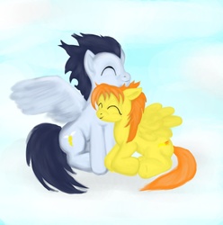 Size: 969x978 | Tagged: safe, artist:gunslingerpen, soarin', spitfire, pegasus, pony, g4, cloud, cloudy, eyes closed, female, male, mare, photoshop, ship:soarinfire, shipping, sitting, stallion, straight